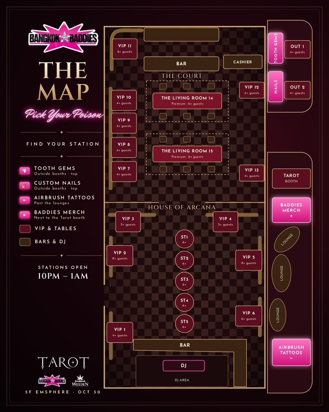 Map of Tarot with the tooth gems, nails, airbrush tattoo and Baddies merch booths on the outside strip
